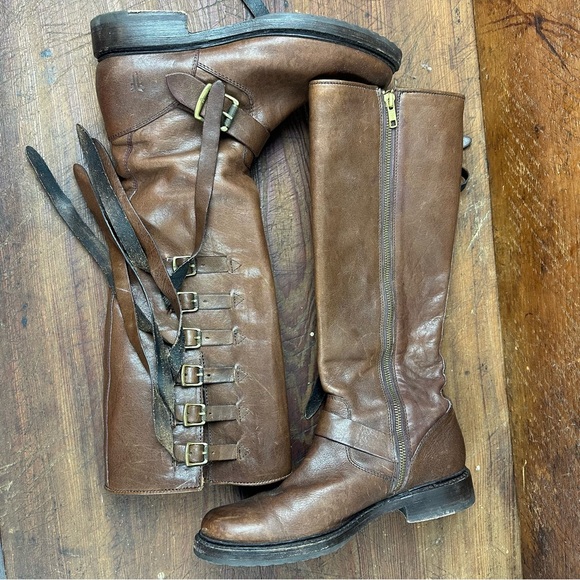 Frye Veronica Knee High Brown Leather Boots Buckles and Long Straps Size 9 - Picture 3 of 8